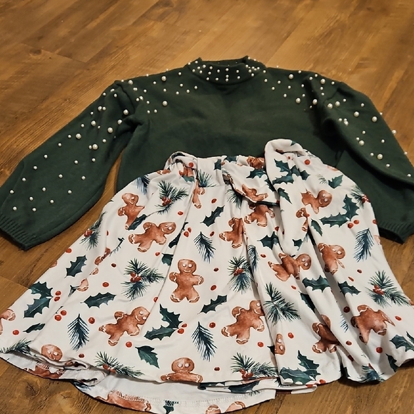 Green Sweater with Pearl Accents and Gingerbread Skirt - Picture 1 of 4